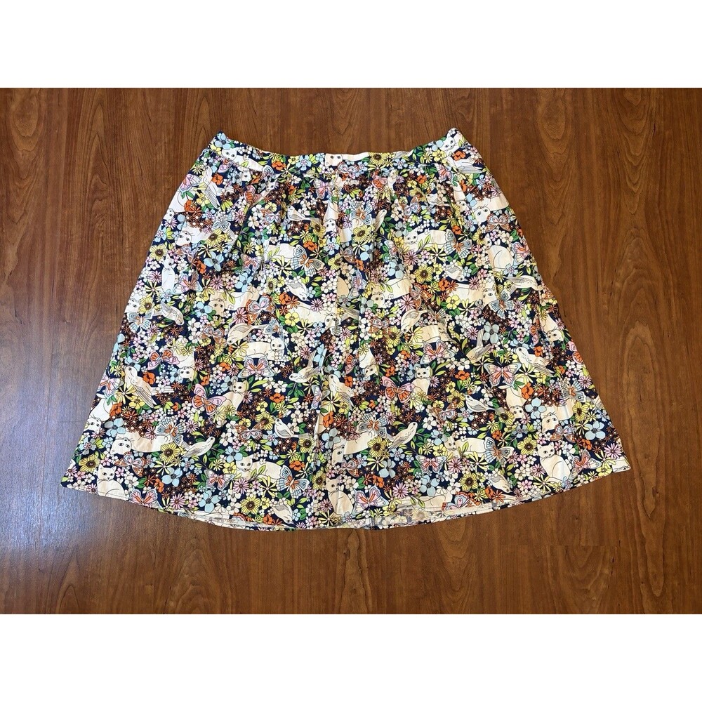 ModCloth Cat Lady Retro Floral Cat Bird Skirt Size 1X 100% Cotton Unlined Pocket